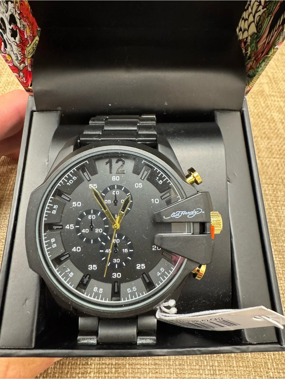 Ed Hardy Men’s Quartz Chronograph Watch Black Dial Black Metal Bracelet Box